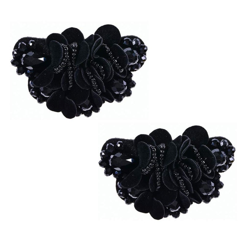 Douqu 2 Pcs 2.8inch Women Bow Flower Crystal Flip Flop Shoe Charms Beaded Fashion Shoe Clips (Black) - Image 1